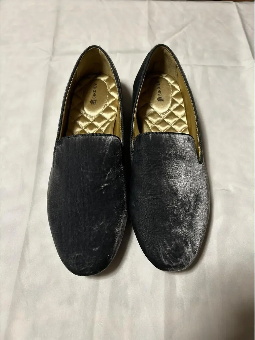 Birdies Sz 10 The Starling Charcoal Velvet Slip On Loafers Slippers Quilted